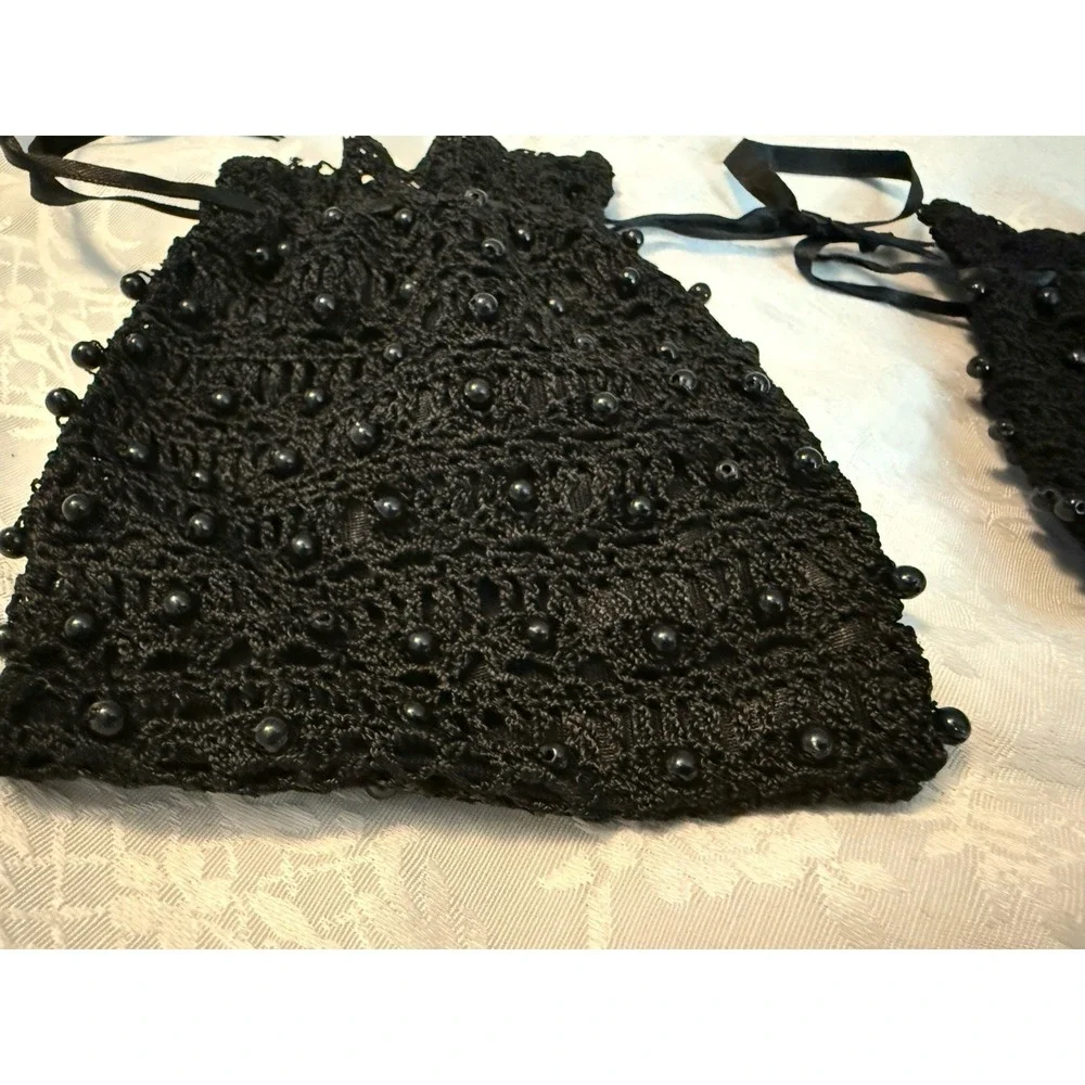 Lot Of 2 Black Crochet Lace Beaded Knit Drawstring Jewelry‎ Holder Bag Pouch